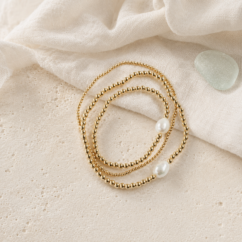 14K gold-filled beaded stretch anklet in Mare & Gold coastal styling