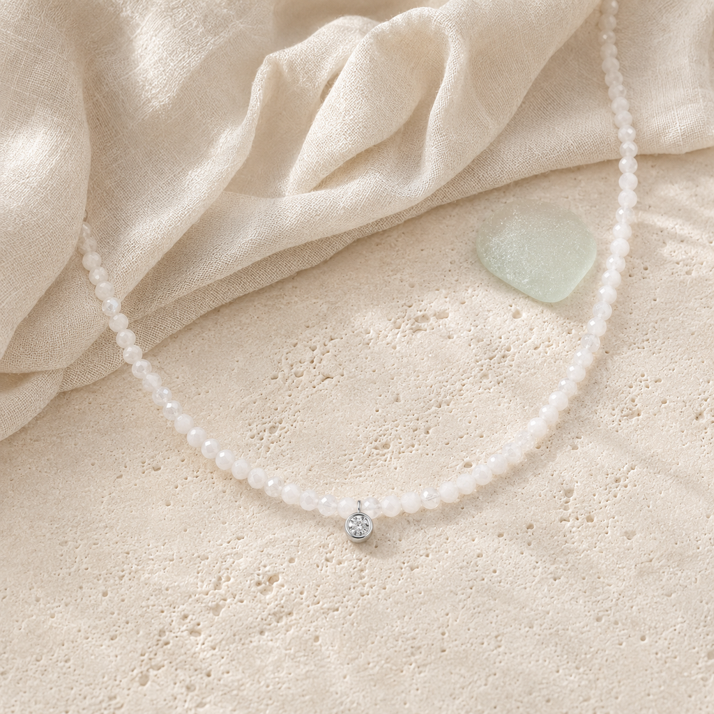 Sterling silver moonstone diamond station necklace in coastal styling