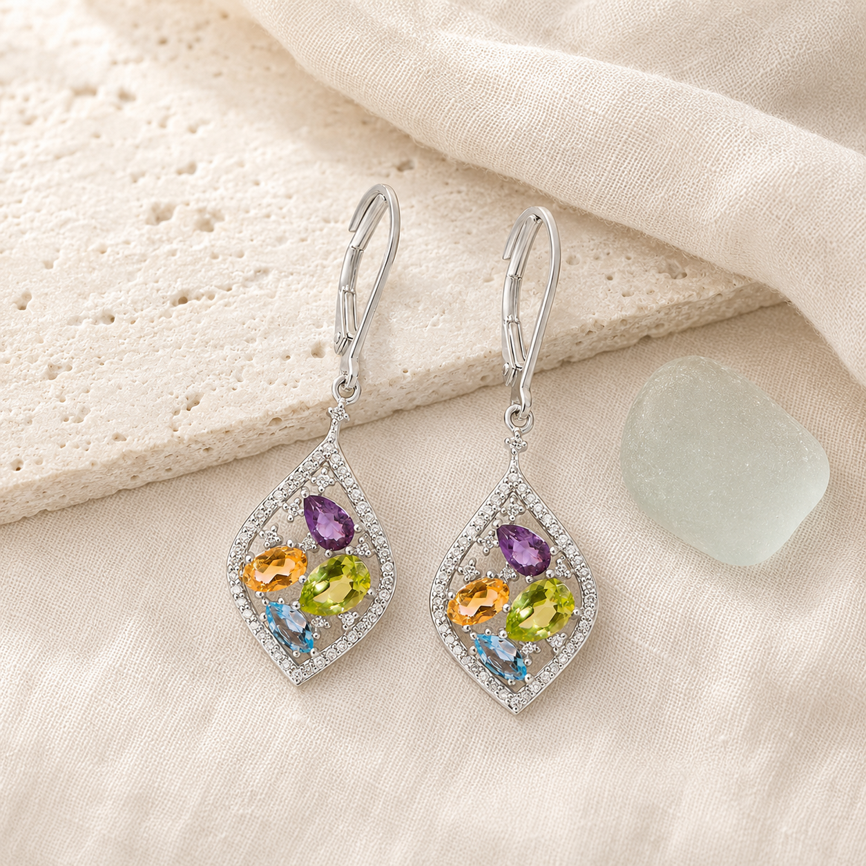 Sterling silver multicolor gemstone drop earrings in coastal styling