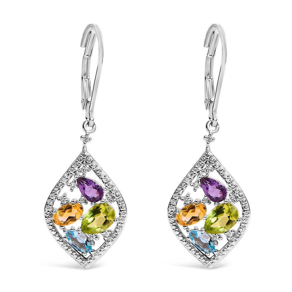 Sterling silver multicolor gemstone and diamond drop earrings