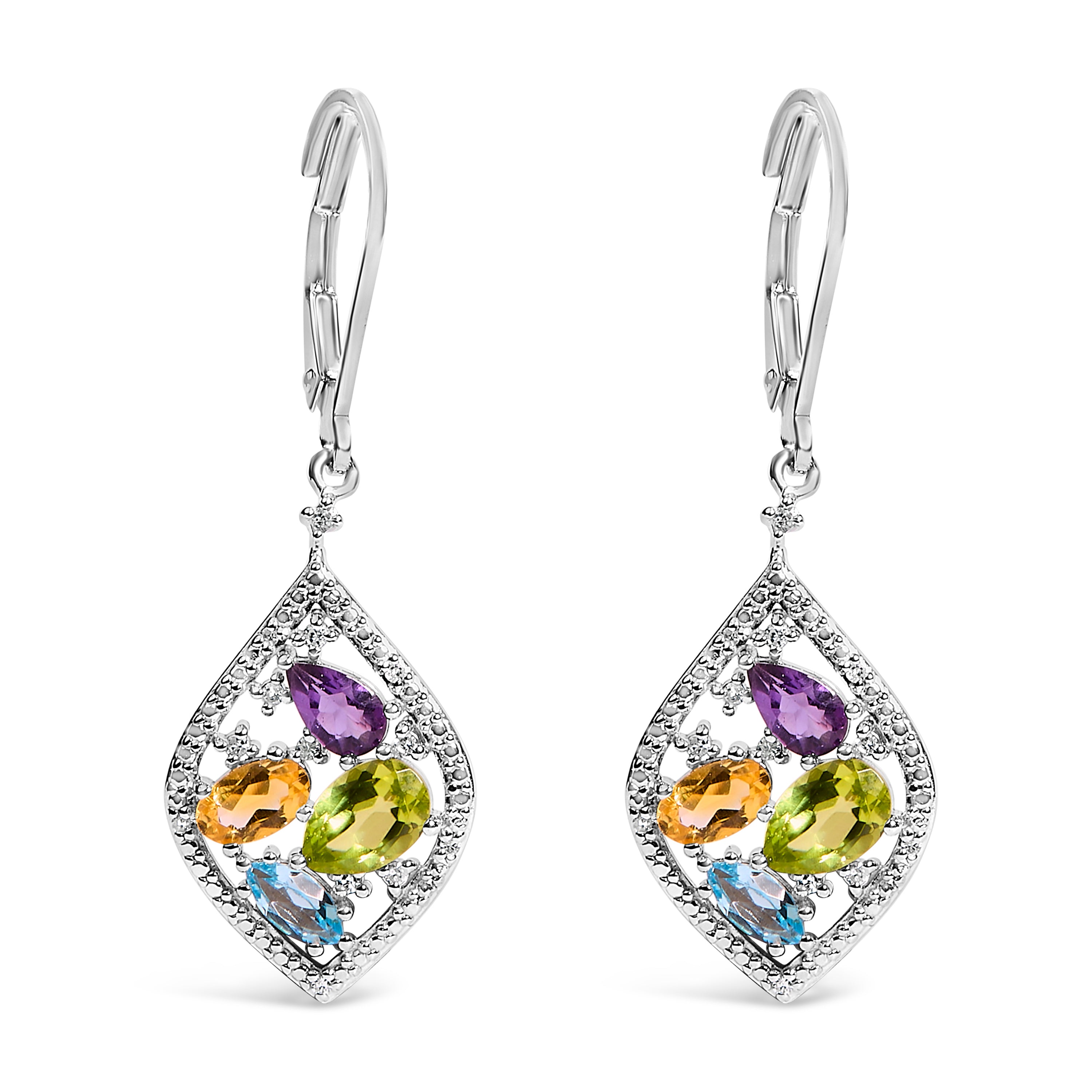 Sterling silver multicolor gemstone and diamond drop earrings