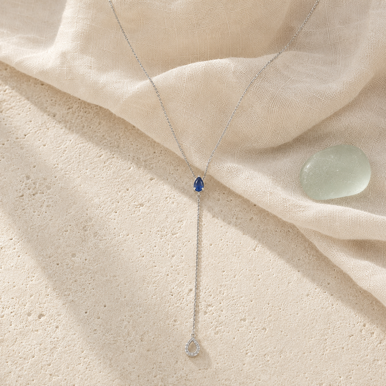 Sterling silver blue sapphire diamond Y necklace in coastal styling